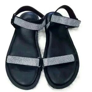 STAUD Betty Rhinestone Sandals Black Leather Size 11 41 Grip Strap Open Toe $395